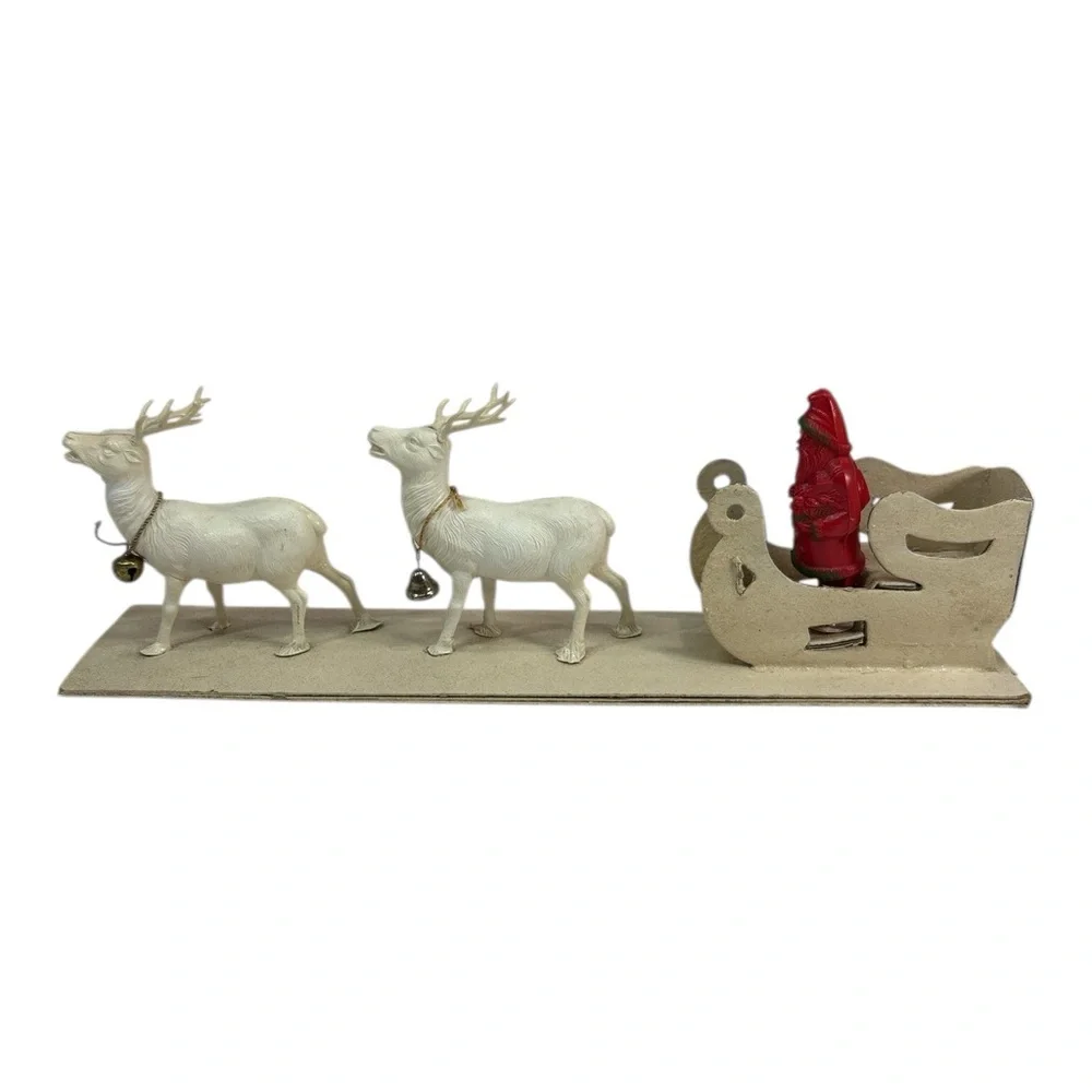 Vtg Paper Mache Cardboard Sleigh Celluloid Reindeer Plastic Santa Christmas Mica